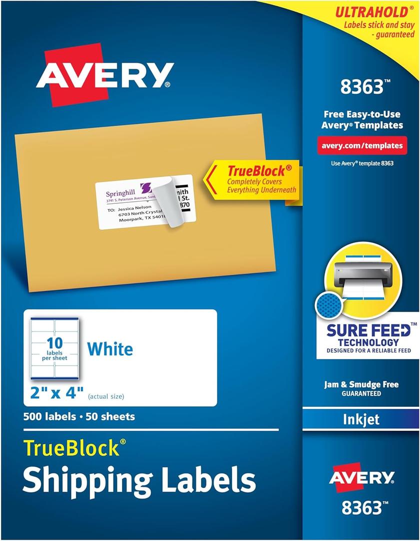 Avery Printable Shipping Labels, Sure Feed Technology, 2" x 4", White, 500 Blank Mailing Labels (8363)