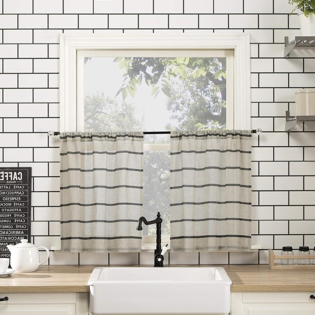 Clean Window Twill Stripe Anti-Dust Allergy/Pet Friendly Anti-Dust Sheer Cafe Curtain, 52" x 24, Black/Linen