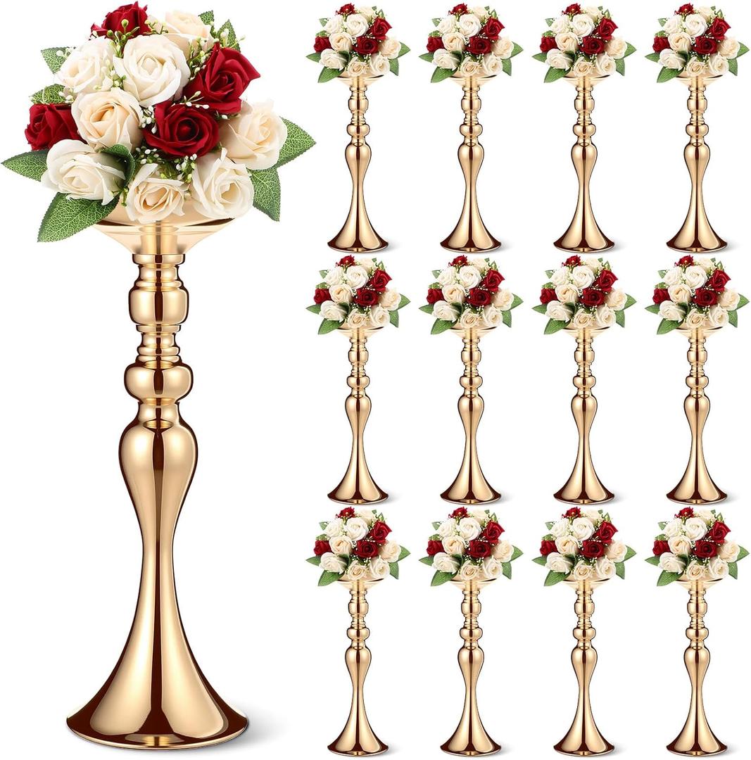 Sadnyy 12 Pcs Metal Flower Arrangements Stand Metal Wedding Centerpiece Stand Gold Vase Centerpiece Tall Table Decor Flower Vase for Wedding Reception Event Party Hotel Home Decor (15 Inch)