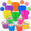 24 Pcs Plastic Mini Easter Baskets Bulk with Handles and 240g Grass, Colorful Small Egg Hunt Baskets Easter Grass Filler Stuffers for Spring Theme Party Favors Gifts Egg Hunt Supplies