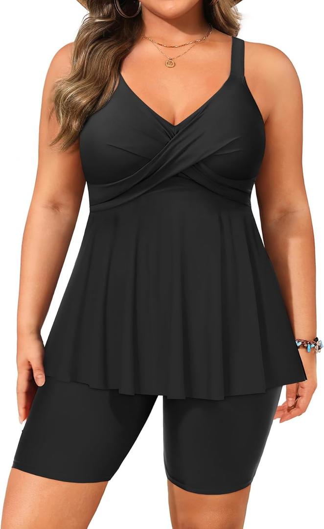 Aqua Eve Plus Size Tankini with Shorts - Two Piece Swimsuit Tummy Control Bathing Suit Flowy Swimwear 2026 (Black), Size 20W 