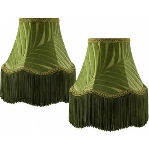 Fumete 2 Pcs 5 x 10 x 7.5 Inch Green Scalloped Lamp Shades with Fringe Trim Vintage Victorian Bell Lampshades Replacement Fabric Natural Tapered Lampshades Decor for Wall Sconce Pendant Light