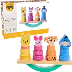 Just Play Disney Wooden Toys Winnie the Pooh Balance Blocks, 17-Piece Set, Officially Licensed Kids Toys for Ages 18 Month