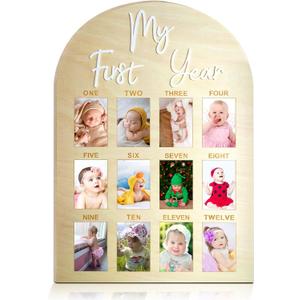 One Year Birthday Wooden Photo Board My First Year Milestone Photo Board 12 Monthly Picture Frame Baby First year Wood Acrylic Sign 1st Birthday Decorations Baby Keepsake Gift (2" x 3" photos - Wallet Size)