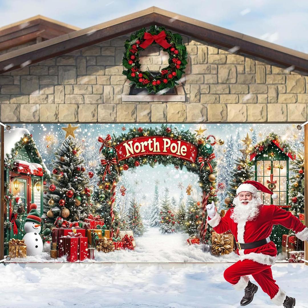 16X7FT Christmas Garage Door Cover Decorations Winter Wonderland North Pole Forest Snowy Xmas Tree Garage Door Background Snowflake Merry Christmas Family Party Indoor Outdoor Decor (White)