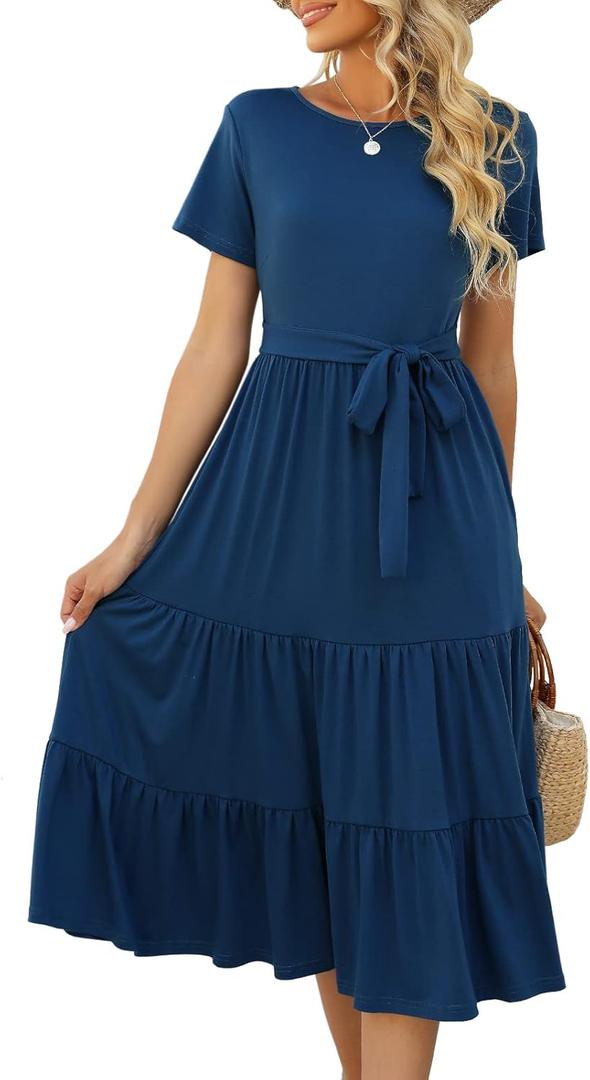 Lyrur Women's Dresses Casual Summer Tiered Midi Dress Short Sleeve Belted Ruffle Babydoll Boho Sundress with Pockets (Medium, Deep Blue)