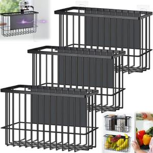 Menkxi 3 Pcs Magnetic or Adhesive Refrigerator Organizer Magnetic Baskets Kitchen Holder for Refrigerator Metal Shelf Rack Storage with 2 Types of Installation(Black)