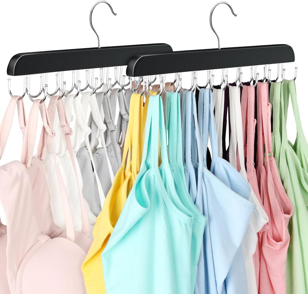 2 Pack Bra Hanger, Capacity Foldable Tank Top Hanger with 20 Hooks, Bra Hangers for Closet Organizer, Premium Wooden Space Saving Hangers Closet Organizers and Storage for Dorm & Apartment (Black)