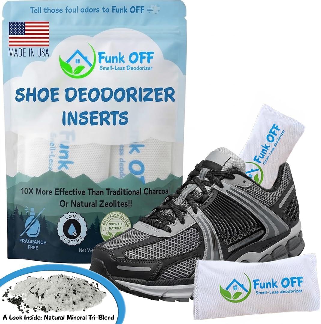Funk OFF Unscented Natural Shoe Deodorizer Inserts, Activated Charcoal Odor Absorber for Sneakers, Odor Eaters for Shoes, Smell Remover Inserts for Gym Bags, Closets & More, Pet Friendly - Made in USA