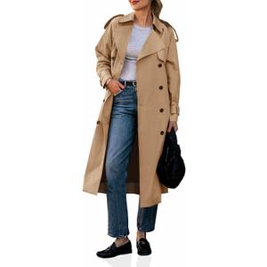 Cicy Bell Womens Long Trench Coat Double Breasted Classic Lapel Fall Overcoat with Belt (Small, Khaki)