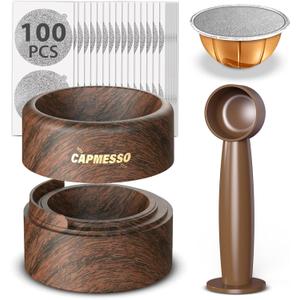 Reusable Vertuo Pod Refill Kit for Nespresso: Reusable Vertuo Capsule for Nespresso/Coffee Pods Vertuoline with 100 Aluminum Foil Lids for Any Size of Vertuo Plus Espresso Pod- Wood Grain Holder