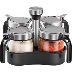 Revolving Condiment Pots Sugar Bowl Salt & Pepper Cellar with Lid and Spoon, Set of 4 Seasoning Box Spice Jar with 360 Rotating Holder Tray for Kitchen, 4 Pots