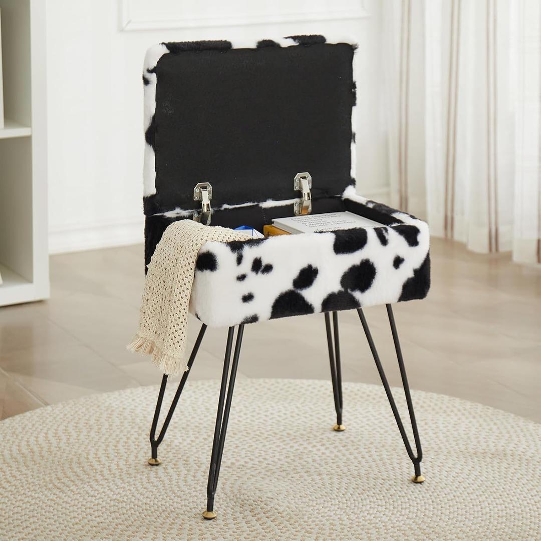 Vanity Stool Chair, Faux Fur Ottoman Foot Stool with Metal Legs & Adjustable Black Feet, Flip Top Storage Makeup Stool with Soft Padded Seat, Foot Rest for Makeup Room Bedroom, Cow