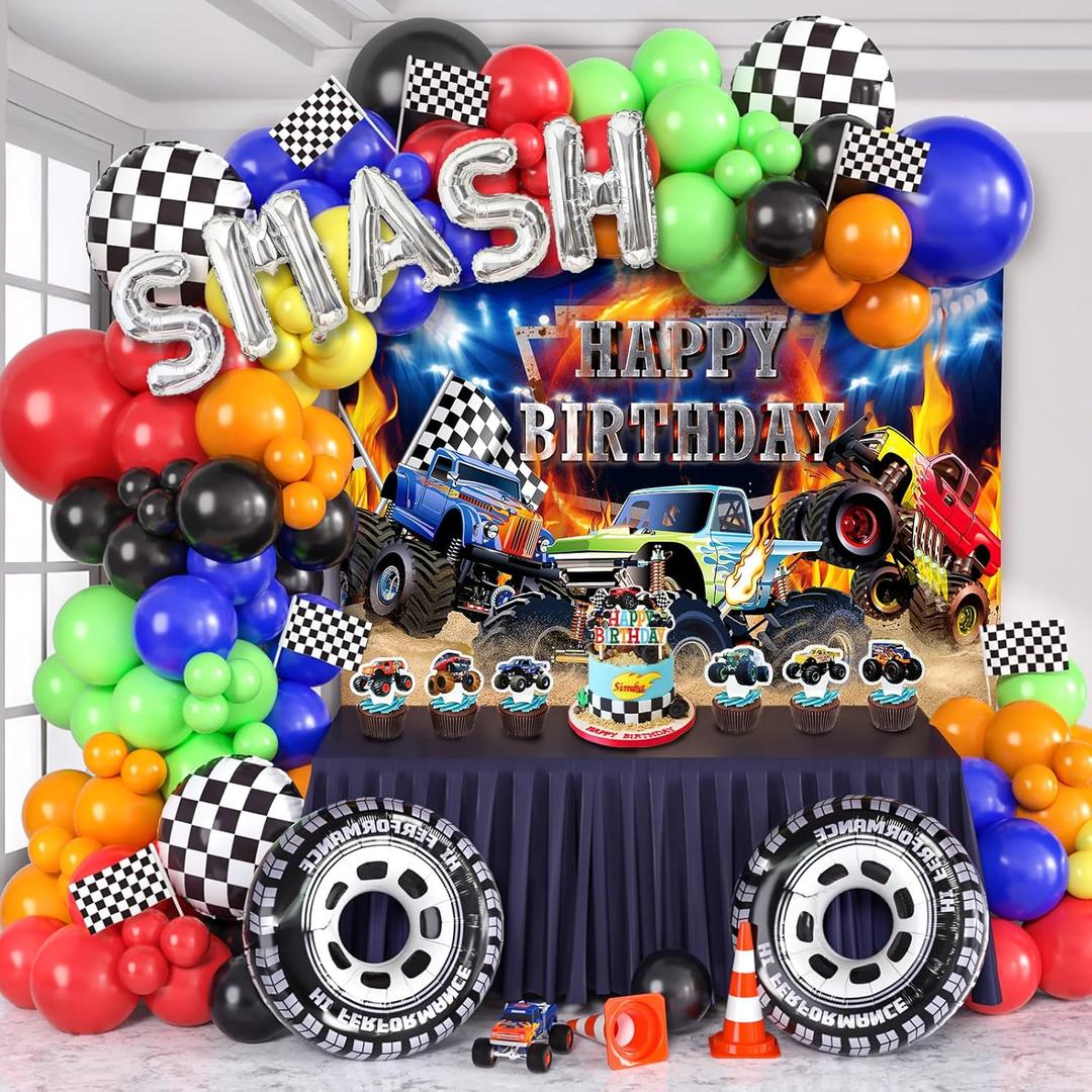 145Pcs Monster Truck Birthday Decorations Machines Party Decoration with Truck Theme Balloon Garland Arch Kit Wheel Foil Balloon Backdrop Cake Topper Baby Shower Truck Birthday Supplies for Boys