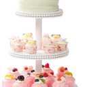 VIVIRBIEN Wooden Cupcake Stand Holder3-Tierd 14in White Round Cake Stand with Beads,Dessert Table Display for 30 Cupcakes,Easy to Assemble and with Instruction,Great for Wedding/Party/Birthday/Home Decor