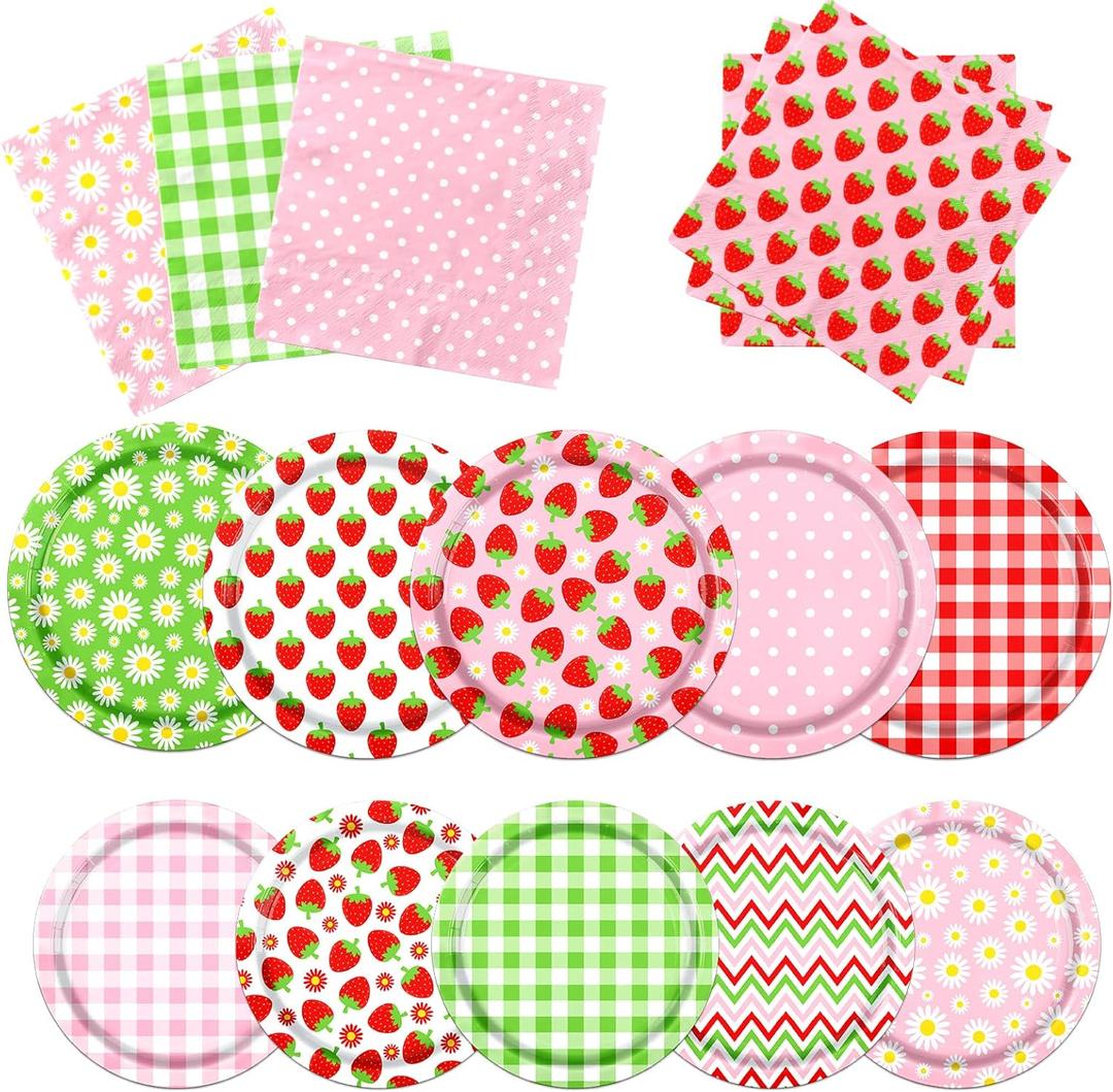 60Pcs Strawberry Birthday Party Plates Napkins,Strawberry Party Supplies Sweet Baby Theme Birthday Decoration for Summer Fruit 1st,Baby Shower