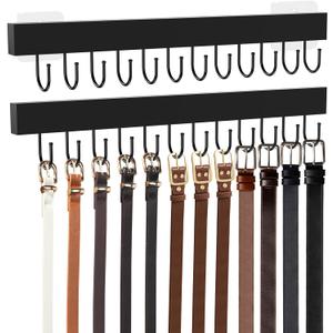 Belt Hanger Wall Mount, Adhesive Wooden Closet Belt Organizer with 24 Metal Hooks, Large Capacity, 2 Installation Options, Black, 2 Pcs