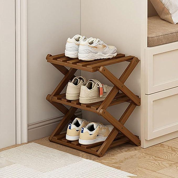 Narrow Shoe Rack-Free Standing Shoe Racks-Bamboo Shoe Storage Organiser Vertical Foldable Shoes Shelf for Entryway,Closet,Hallway,Bedroom (Tawny, 3 Layer)