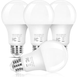 Brightever A19 LED Light Bulbs, 100 Watt Equivalent Light Bulbs Dimmable, Warm White 3000K, 1100 Lumens, Energy Efficient 12W, 4-Pack