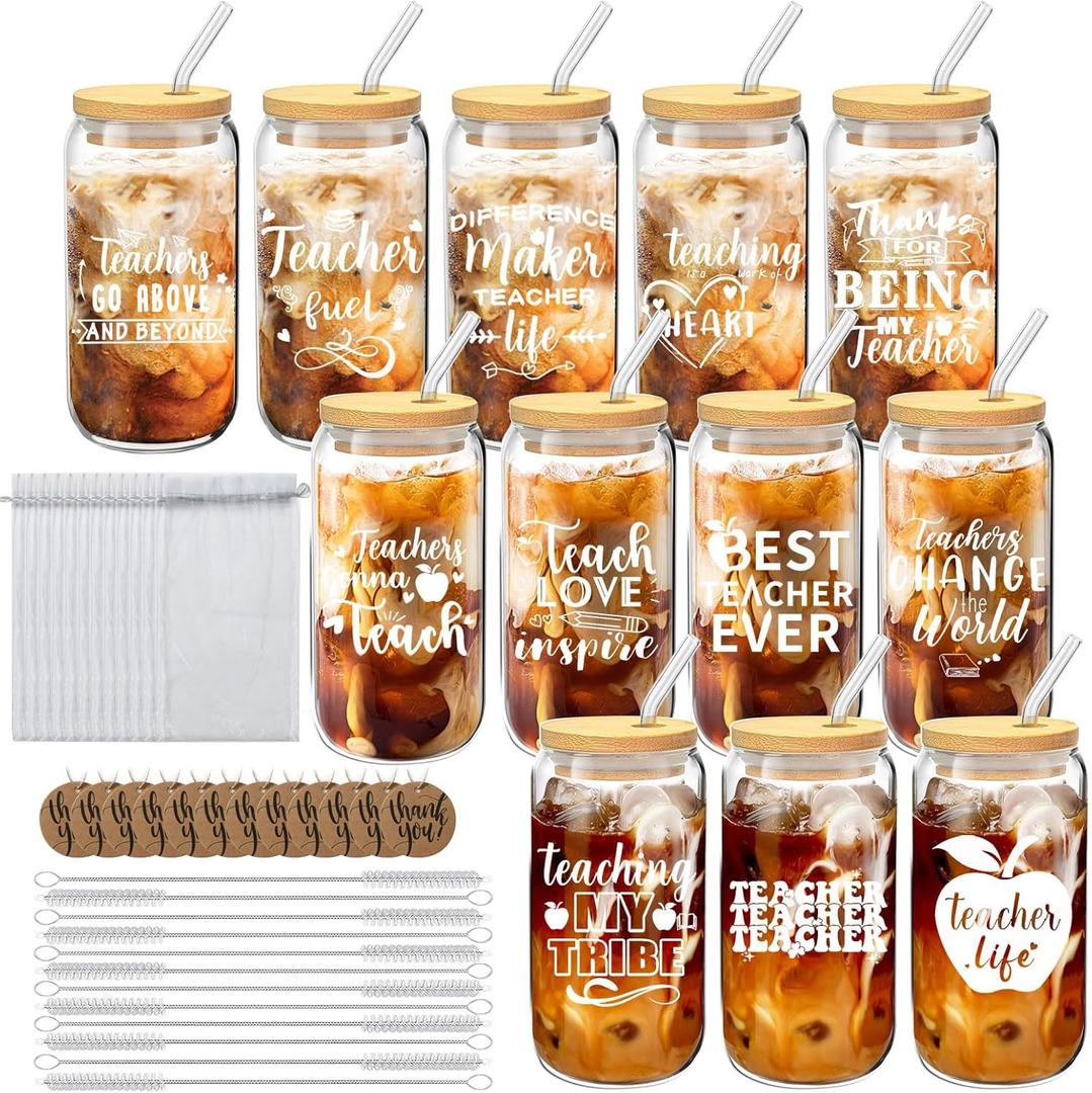 12 Set Teacher Appreciation Gifts Bulk, 16 Oz Glass Cups with Lids Straws Brushes and Gift Cards for Teacher Thank You Birthday Graduation Christmas Retirement Gifts