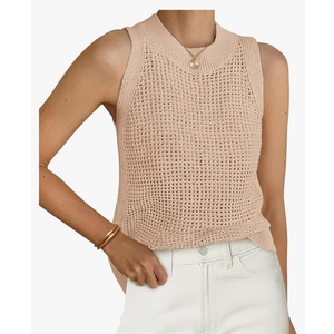 PRETTYGARDEN Summer Crochet Tank Tops for Women 2025 Casual Crewneck Hollow Out Loose Knit Sleeveless Sweater Vest Top Trendy, Size S