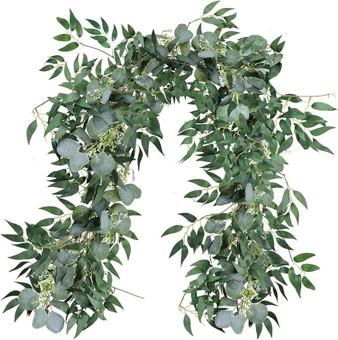 Fake Greenery Garlands Artificial Silver Dollar Eucalyptus Garland in Grey Green and Willow Twigs Garland Intertwined Together for Rustic Wedding Arch Swag Doorways Table Runner Decoration