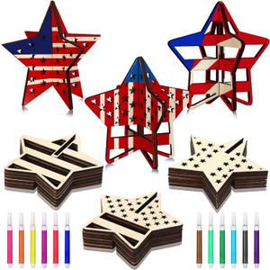 Honoson 36pcs Patriotic Crafts Set to Paint 24 Labor Day 3D Wood Stars Cutouts with 12 Colored Pens DIY Unfinished Slices Independence Day Party Decor Veterans Tray Cutout Ornament