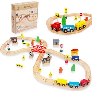 60Pcs Train Set for Toddlers, Bridge & Double-Side Wooden Train Set Tracks, Fits Brio, Thomas, Melissa and Doug, Kids Gift Toys for 3 4 5 Years Old Boys Girls (61pcs)