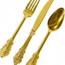 Goodluck 75 Pack Gold Plastic Silverware Set  Heavy Duty Disposable Cutlery, Includes 25 Forks, 25 Spoons, 25 Knives, Elegant Vintage Design for Weddings, Parties, Thanksgiving, and Daily Use