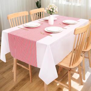 3 Packs Disposable Table Cover Red and White Striped Tablecloth Plastic with Paper-Like Textured Surface,54x108 Inches Waterproof Rectangle Tablecloths for Carnival Decorations