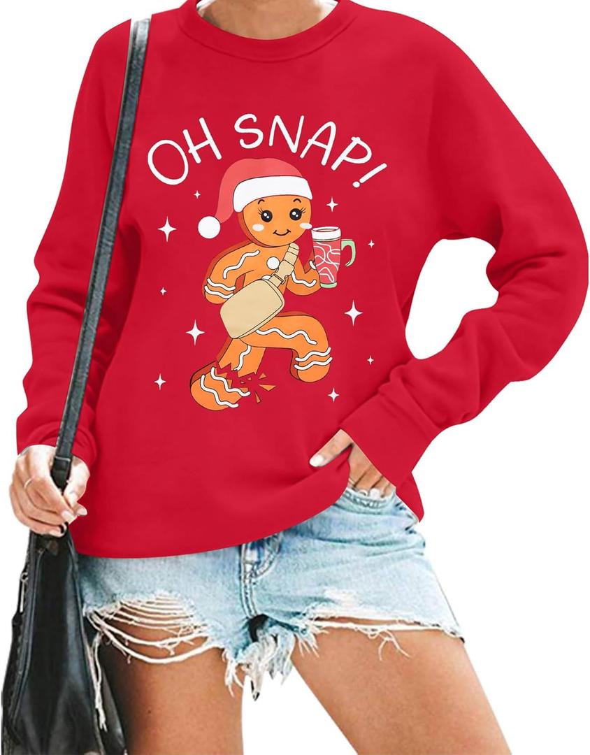 FAYALEQ Crewneck Sweatshirts Women: Gingerbread Graphic Shirts Funny Xmas Women Sweater Long Sleeve Pullovers (Large, Red)