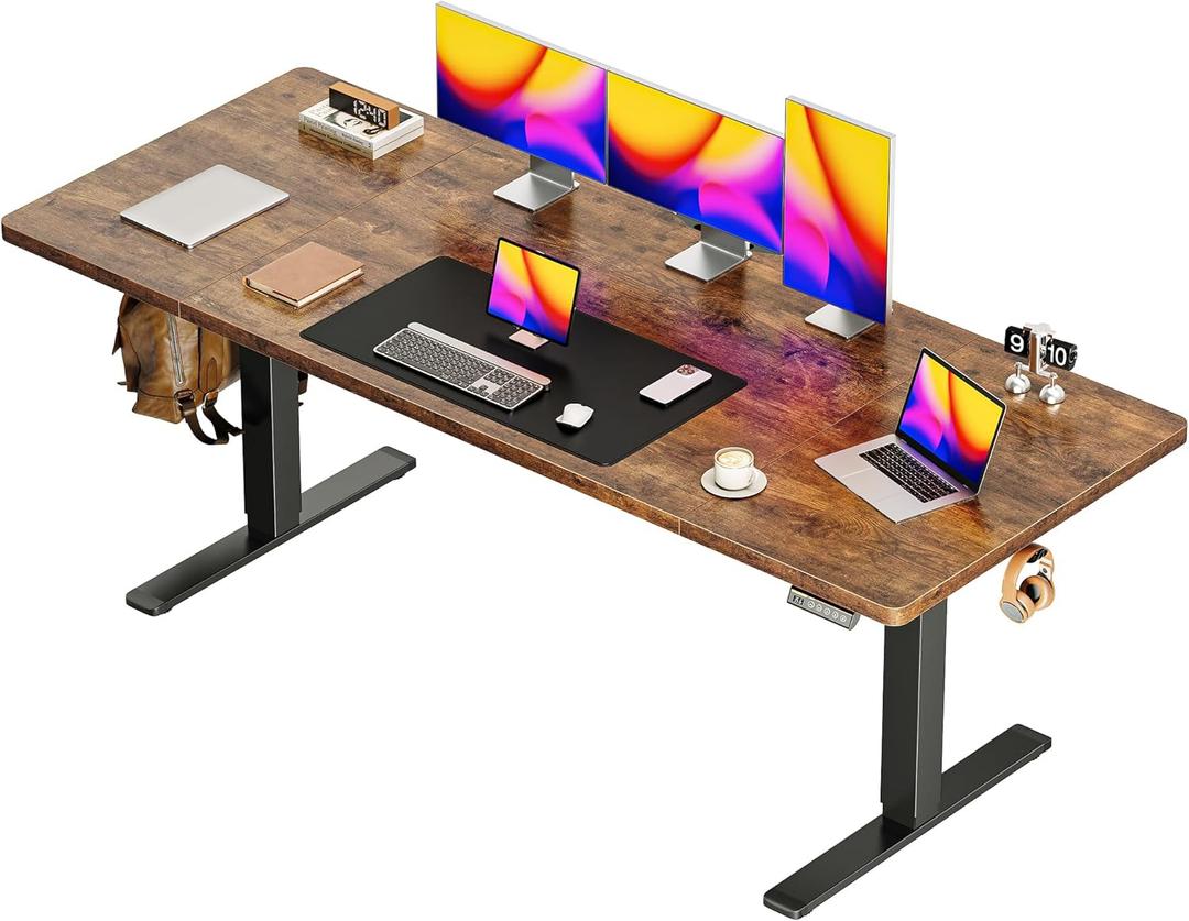 Huuger 71 x 30 Large Electric Standing Desk, Height Adjustable Computer Desk, 29.5" Deep Desktop, Stand up Gaming Office Table with 2 Hooks, 3 Preset Heights, for Home Office, Rustic Brown (71*30 Inch (No Outlets))