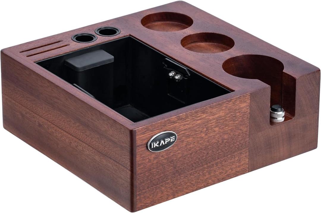 IKAPE V2 Espresso Knock Box, Espresso Coffee Organizer Box Fit for Storage 51mm 53/54mm 58mm Espresso Tamper, Distributor, Portafilter & Puck Screen Accessories, Natural Walnut Station Base (8 IN One)