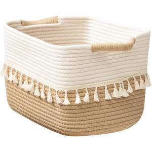 Woven Storage Bin, Cotton Rope Basket for Storage, Clothes Boho Basket Bin for Organizing, Fabric Basket for Books, Plants, Pet Treats, White & Jute, ‎14.56x10.63x6.69 inch