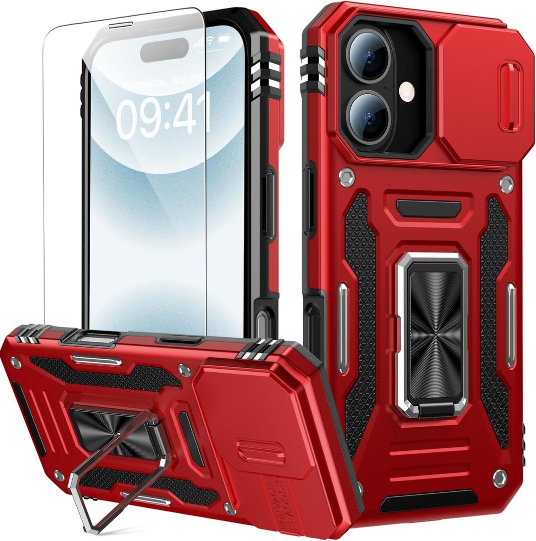 Goodon for iPhone 16 Case with Sliding Camera Cover + Screen Protector - Magnetic Rotated Ring Kickstand - Military-Grade Shockproof Protective Phone Cover for Women Girls - Red