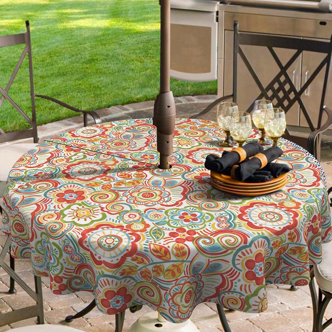 Outdoor/Indoor Round Tablecloth with Umbrella Hole Zipper, Decorative Circular Table Cover for Home Garden, 60 Inch, Flower Multi
