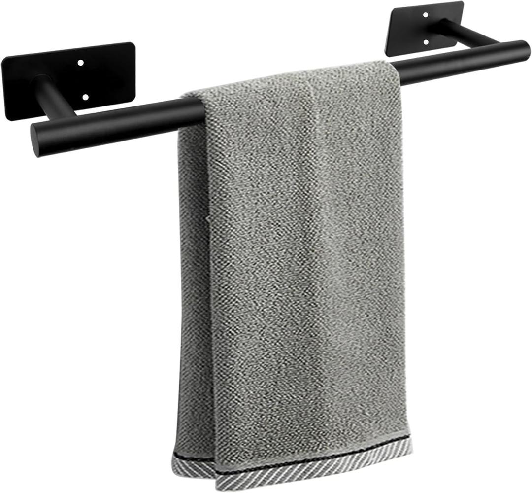 Self Adhesive Bath Towel Bar, Stainless Steel Towel Racks for Bathroom Sticky & Wall Mounted Install Towel Holder, Heavy Duty Towel Rod Rustproof Towel Hanger for Bathroom(Matte Black,16In)