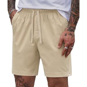 Herberton Men Casual Shorts Cotton 6'' Inseam Elastic Waist Drawstring Daily Shorts with Pockets, Beige, XL