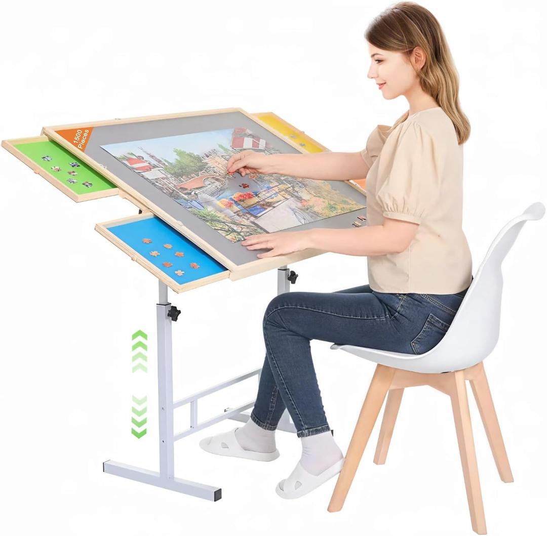 1500 Pieces Puzzle Table with Drawers, with Legs and Cover Adjustable Height & Tilting Jigsaw Puzzle Board Table Folding Puzzle Tables for Adults Birthday Christmas Day Gift