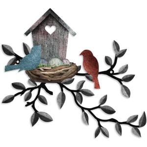 Birds Wall Metal Decor Outdoor Art Hanging Metal Tree with Birdhouse for Living Room Tree Leaf Wall Decor for Indoor Outside Garden, 10.6 x 12 Inches (Dark Grey)