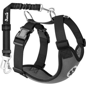 SlowTon Dog Seat Belt Harness for Car, Dog Car Harness Adjustable Mesh Breathable & Dog Seatbelt Safety Tether with Elastic Bungee for Pets(Grey, Double Clip, M)