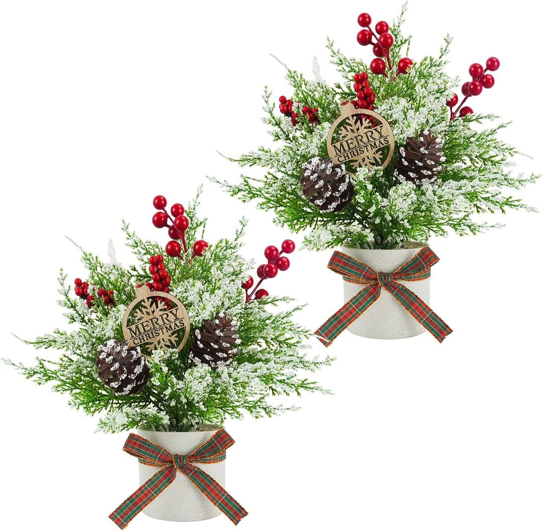 2Pcs Snowy Mini Christmas Tree, Flocked Small Tabletop Christmas Tree with Red Berries Pine Cones Artificial Potted Mini Xmas Tree for Home Table Holiday Christmas Ornaments Decorations