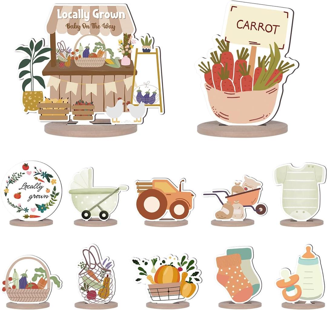 3 x 24PCS Locally Grown Baby Shower Wooden Table Decorations Farmers Market Themed Wood Centerpieces Fall Vegetable Fruit Harvest Table Decor for Gender Reveal Welcome Baby Shower Party Favor