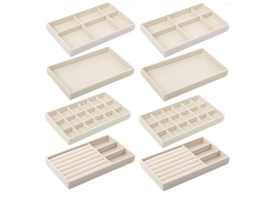 Inbagi 8 Pcs Small Velvet Jewelry Trays Stackable Drawers Organizer Inserts Divided Display Trays for Earring Ring Necklace, Beige