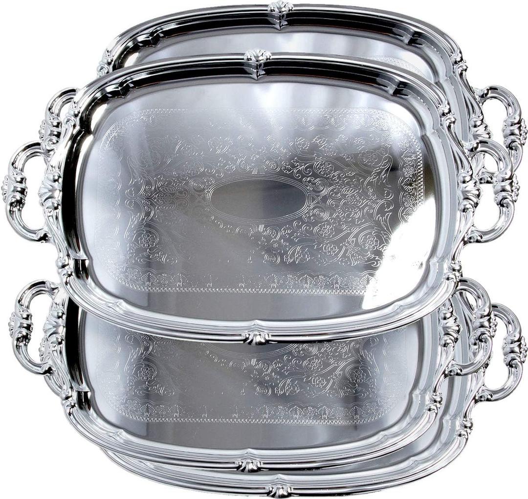 (Pack of 4) 21-Inch x 13.5-Inch Elegant Victoria Floral Engraved with Handle Serving Tray Silver Metal Plate Platter Food Decorative Buffet Wedding Party T166-4PK
