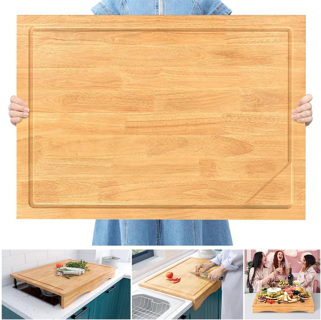 32x23.5in Extra Large Solid Wood Cutting Board and Stovetop Cover 2-in-1 Over The Sink Cutting Board & Gas Stove Cover with Detachable Legs and Juice Groove Ideal for Kitchen