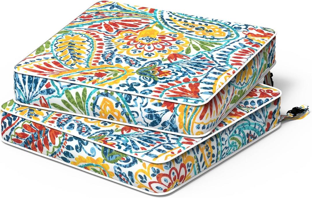 Patio Chair Cushions 19 x 19 x 3 Inch, Outdoor Cushions for Patio Furniture, Water Repellent Outdoor Seat Cushions with Straps Garden Sofa Couch Pads, Set of 2, Paisley Multi