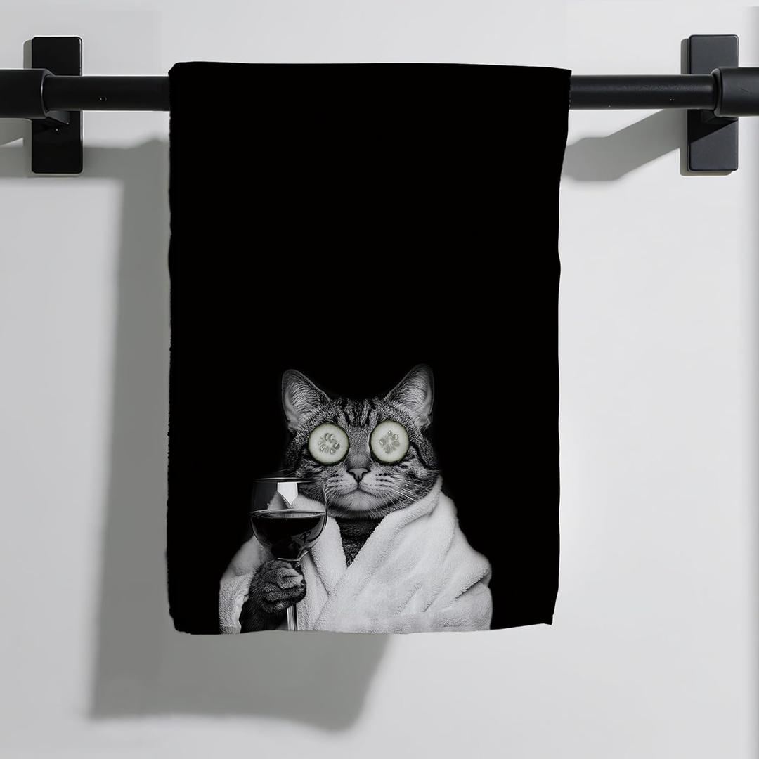 Black Funny Cat Gifts Hand Towel for Bathroom, Black Cat Microfiber Dish Towel, Funky Cats Washroom Decor, Funny Animal Bathroom Decor, 16x24 Inch