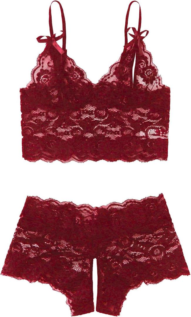 SweatyRocks Women's 2 Piece Lingerie Set Sheer Lace Cut Out Bra and Panty Teddy Lingerie (Large, Burgundy)