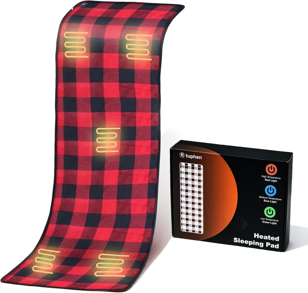 tuphen Heated Sleeping Bag Pad - 3 Adjustable Temperature Levels with 5 Heating Zones, Multi USB Power Supported, Electric Sleeping Bag Liner Heater for Cold Weather Camping Backpacking or Hiking (Red and Black)